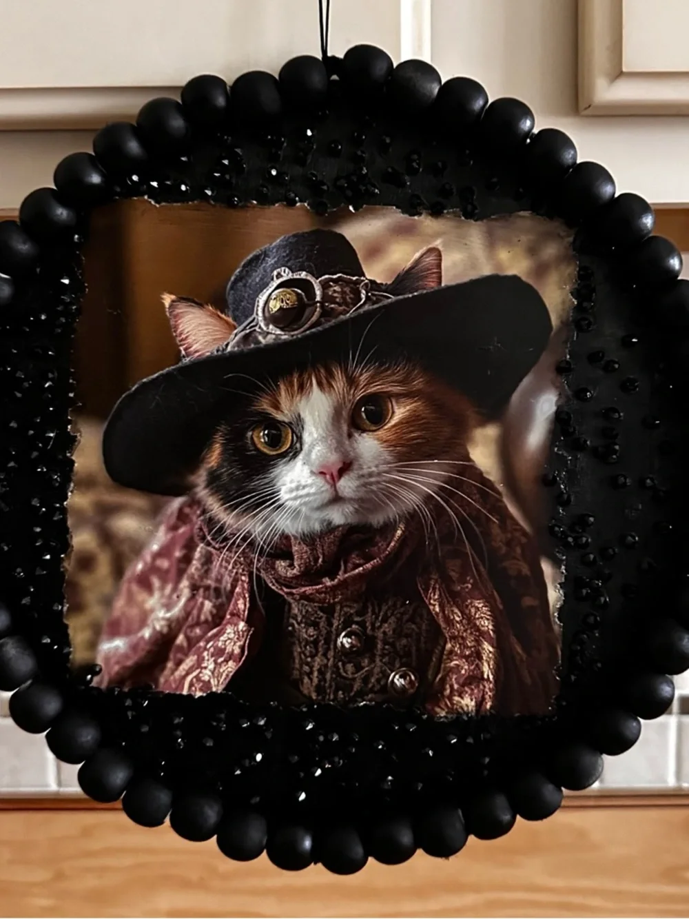 Hand Crafted Black Beaded Framed Cat Portrait